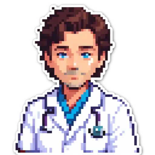 A sticker of a pixelated man that looks like he is a doctor.