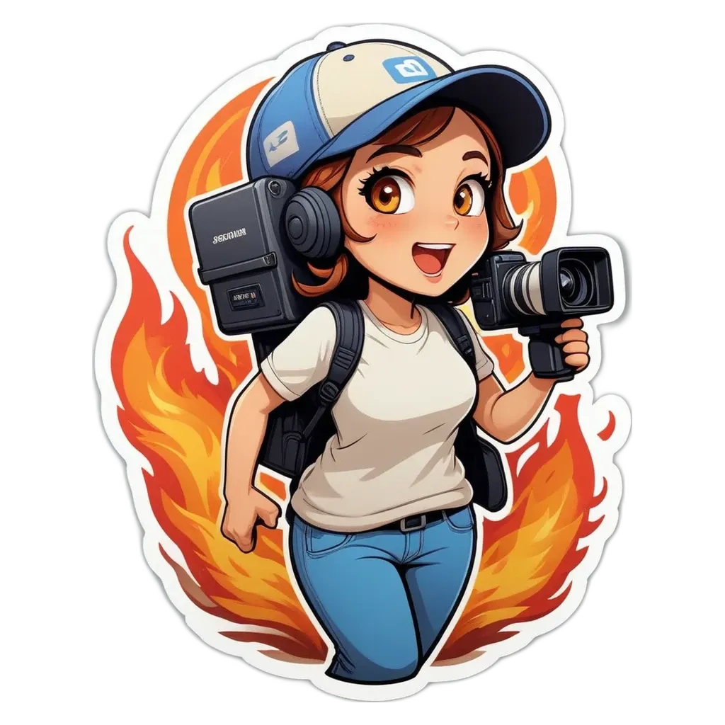 A girl with a camera is standing in front of a fire.