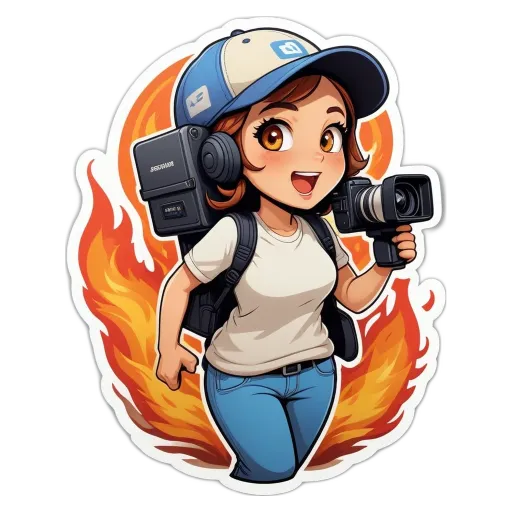 A girl with a camera is standing in front of a fire.