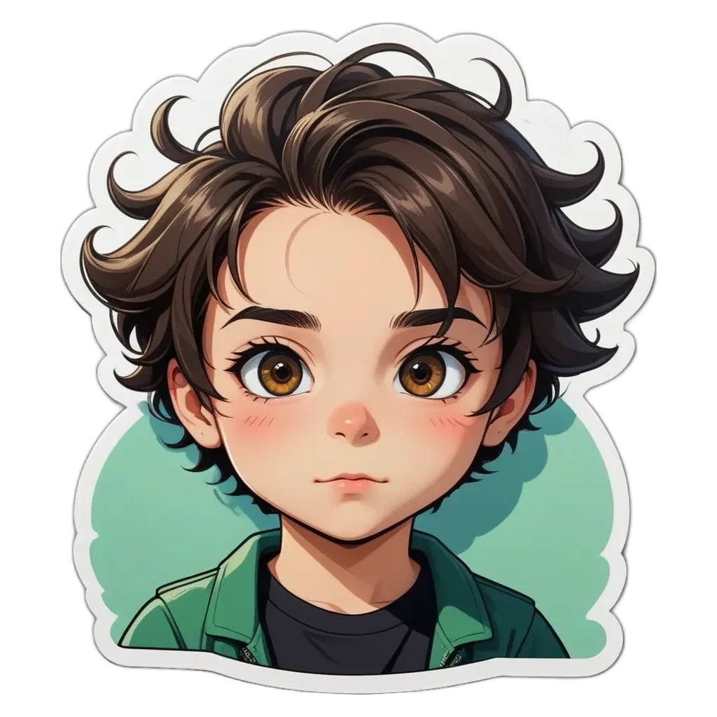 A boy with a sticker of his face.