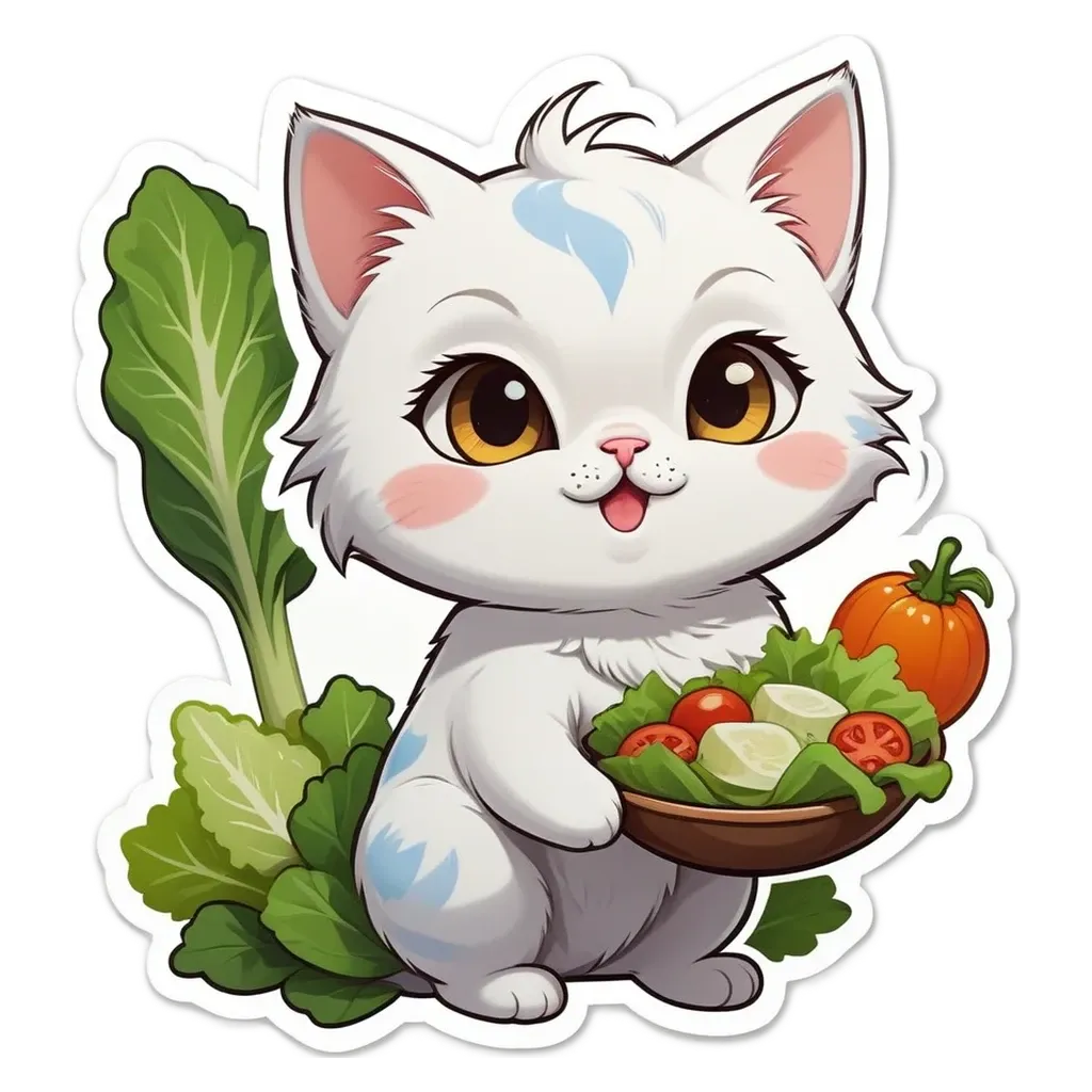 A cat is eating a salad and is shown with a plate of salad.