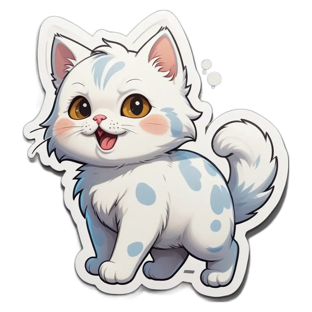 A cartoon white cat with blue eyes is standing on a black and white background.