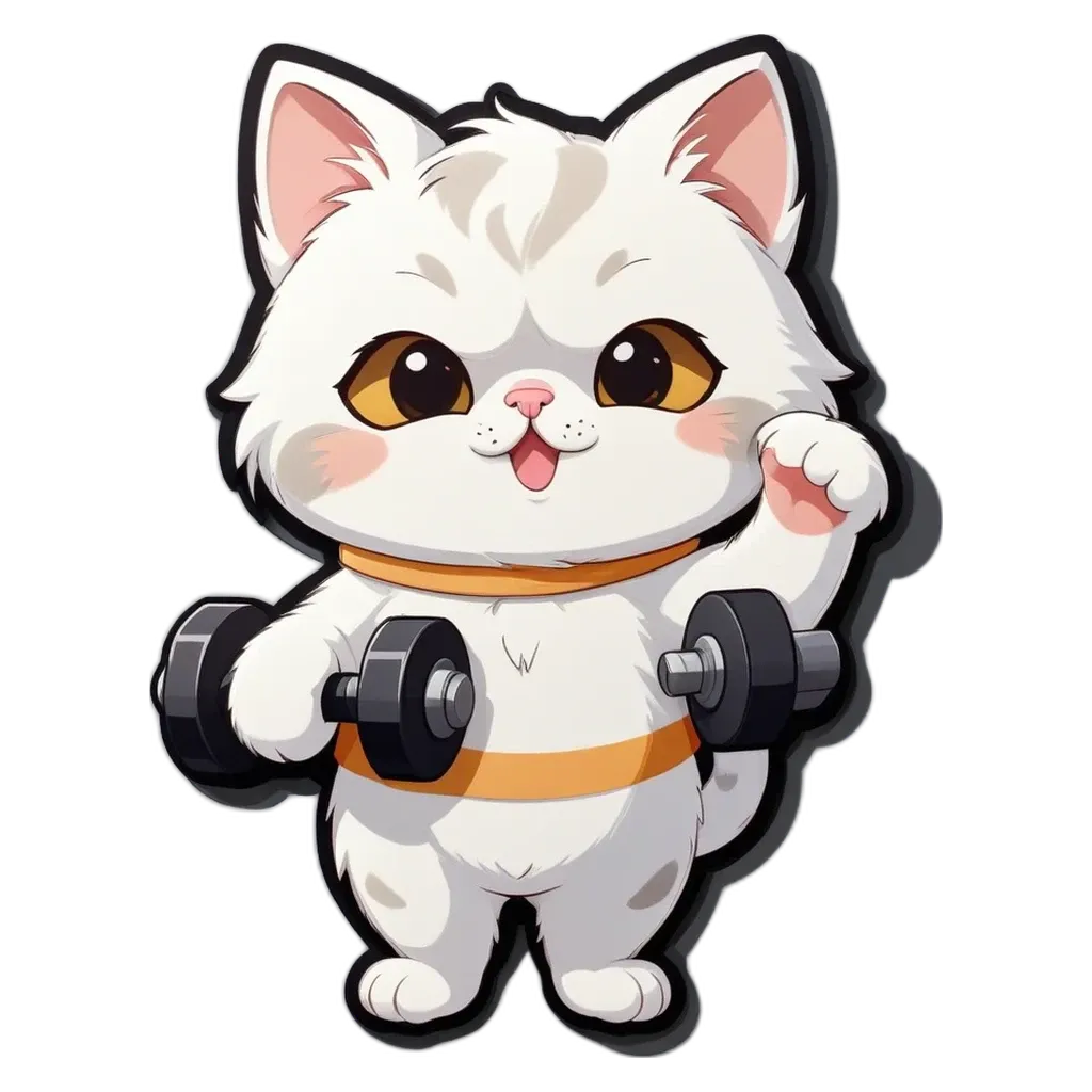 A cartoon cat lifting weights is the focus of the image.