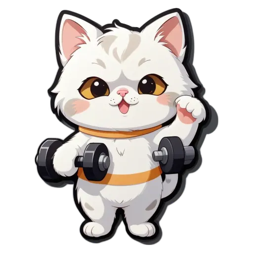 A cartoon cat lifting weights is the focus of the image.