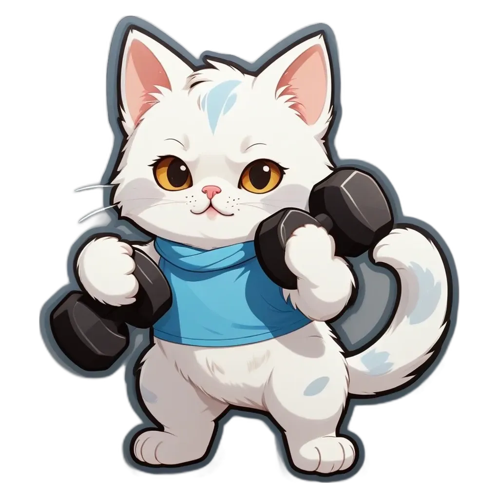 A cartoon cat lifting weights is the focus of the image.