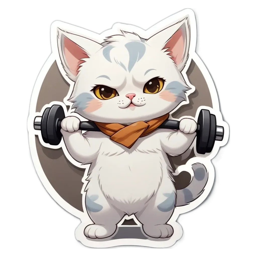 A cat lifting weights with a orange bandanna around its neck.