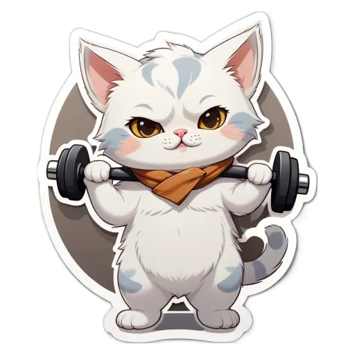 A cat lifting weights with a orange bandanna around its neck.