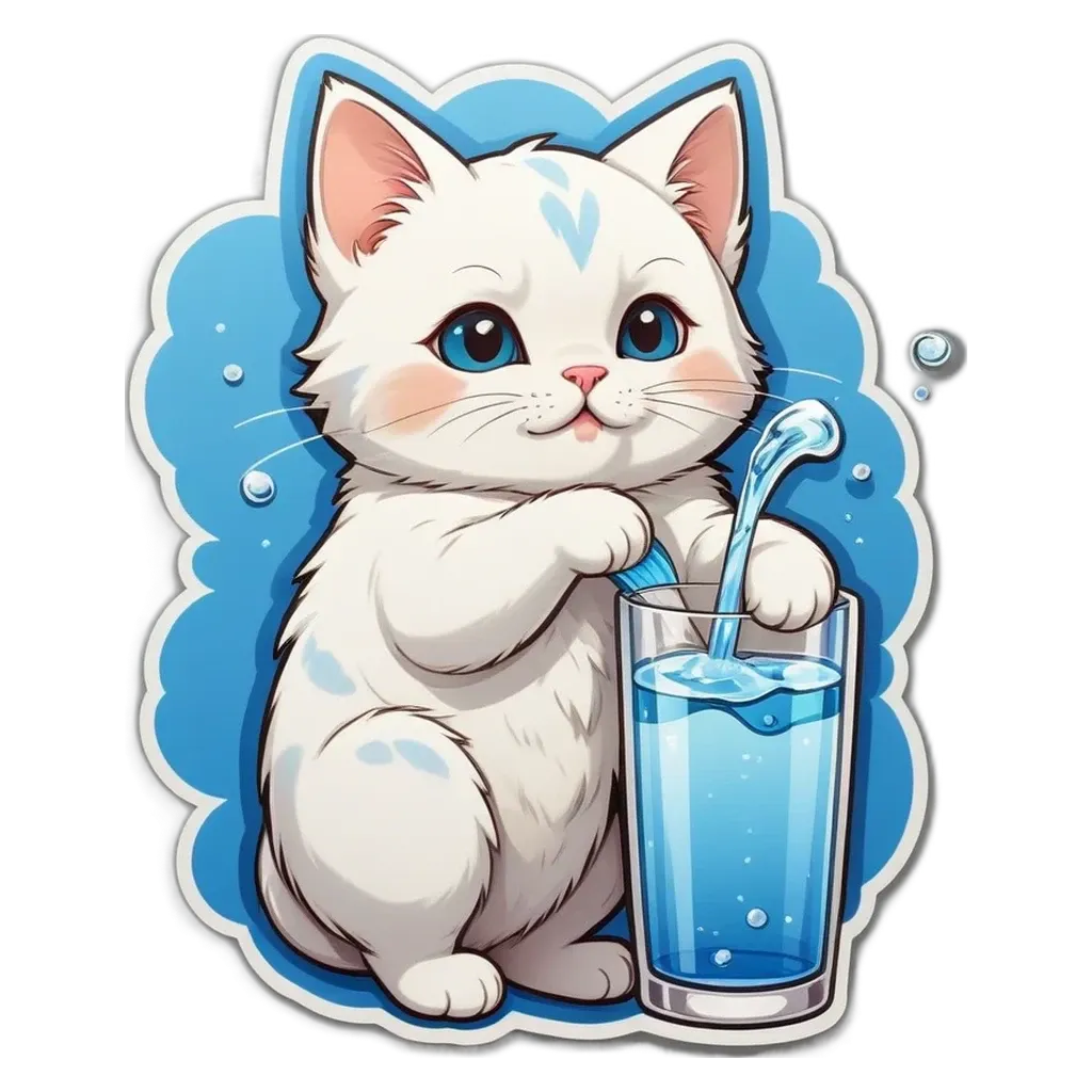 A cartoon drawing of a white cat drinking from a glass of water.