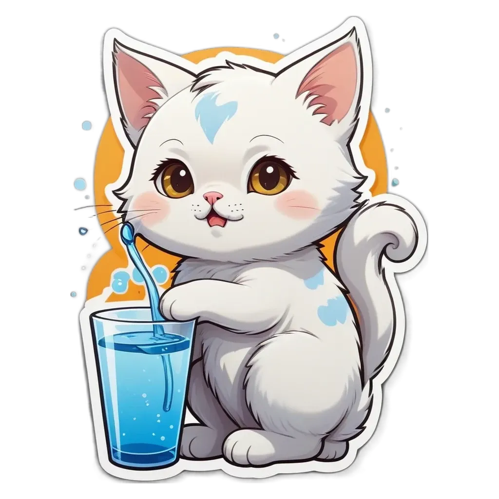 A cartoon white cat drinking from a glass of water.
