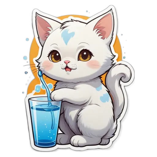 A cartoon white cat drinking from a glass of water.