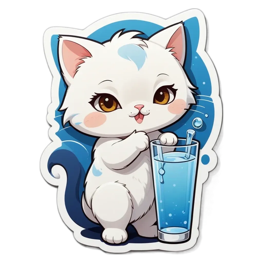 A cartoon white cat drinking from a glass.