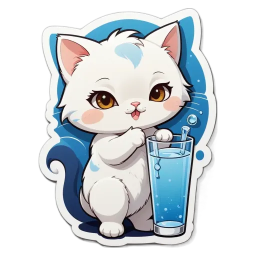 A cartoon white cat drinking from a glass.