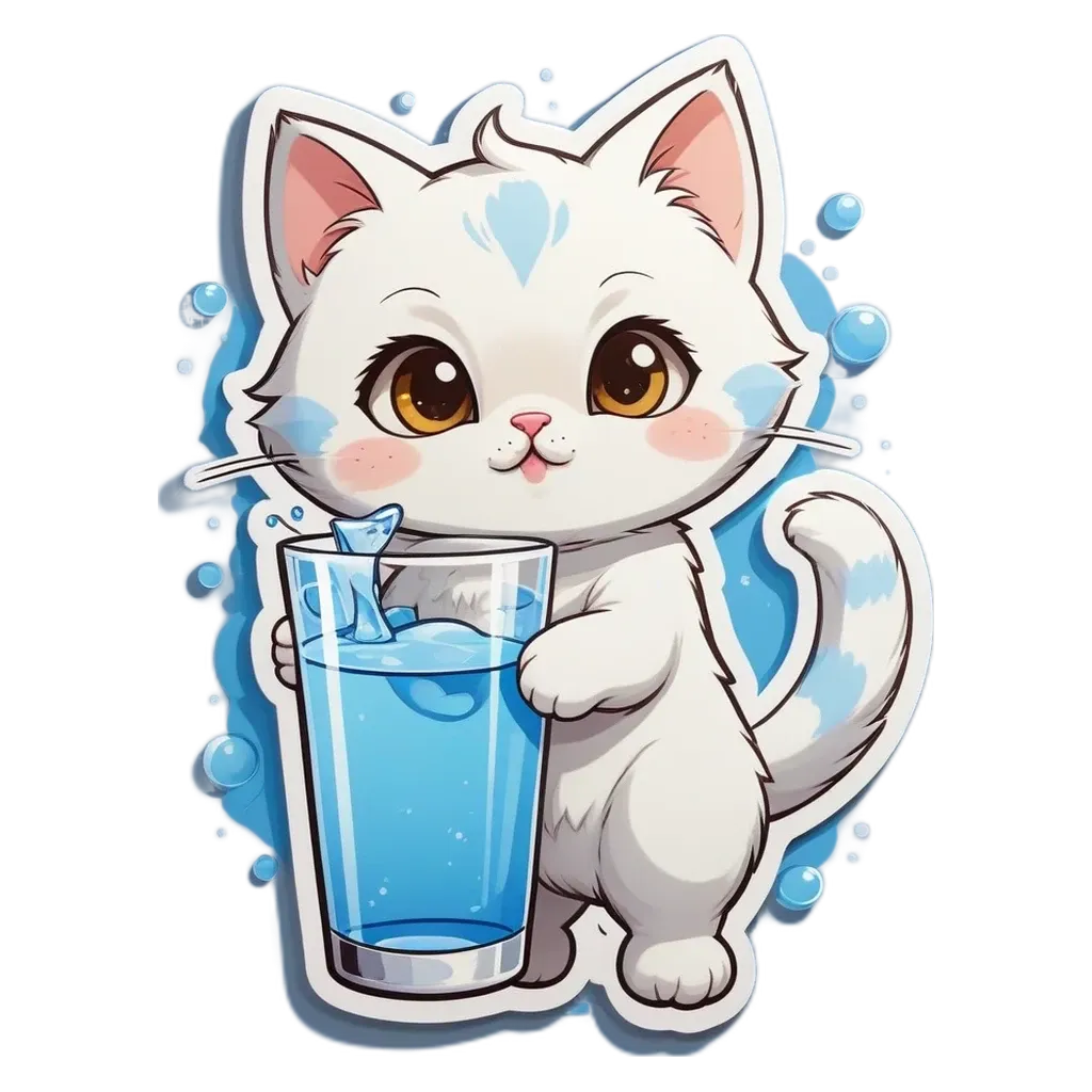 A cartoon cat holding a glass of water with a fish in it.