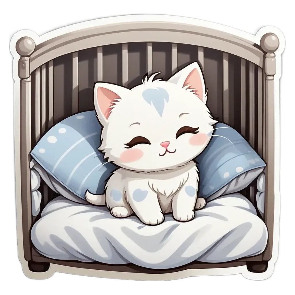 A cartoon cat sleeping on a bed with pillows.