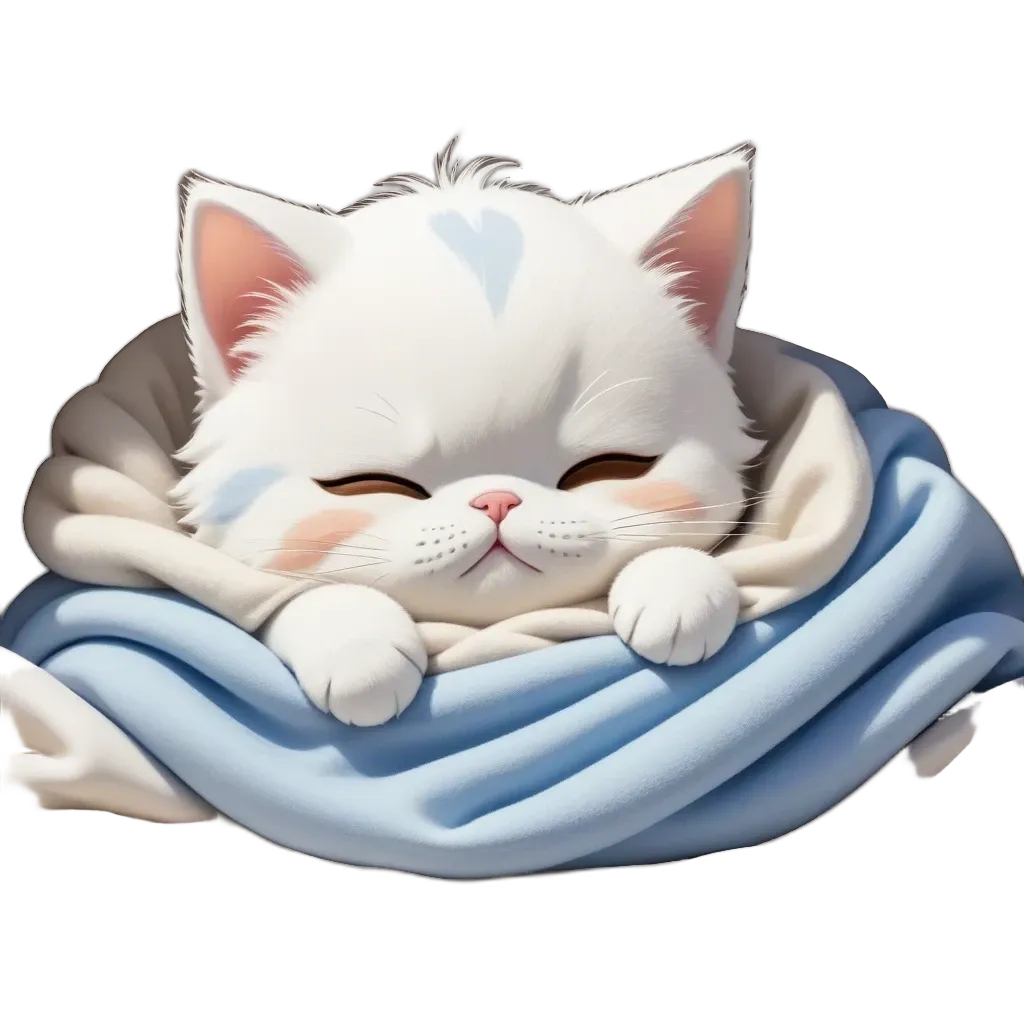 A cartoon cat sleeping on a blanket.