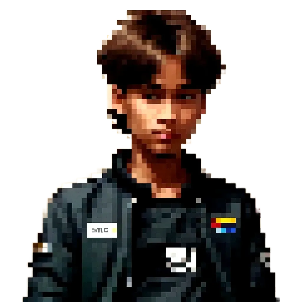 A boy wearing a black jacket with the letters mc on it.