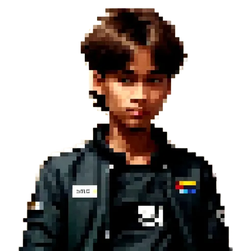 A boy wearing a black jacket with the letters mc on it.