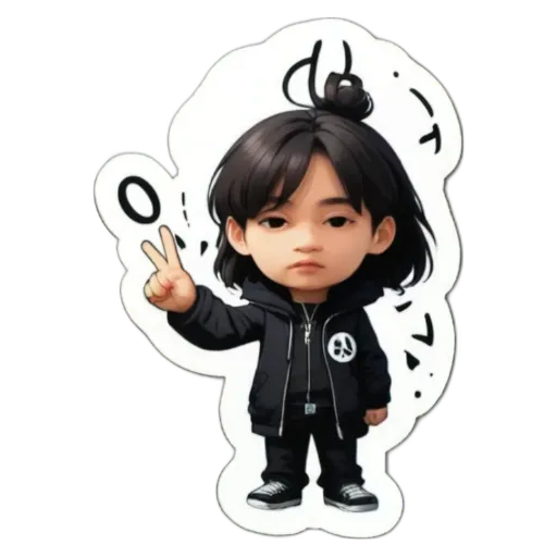 A child holding a peace sign who is wearing black color dress.