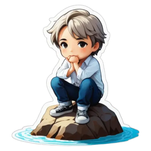 A boy is pictured sitting on a rock in water.