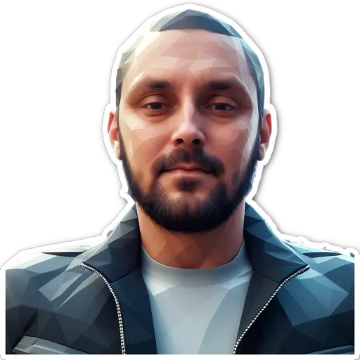 A man's face is polygonalized and he is wearing a jacket.