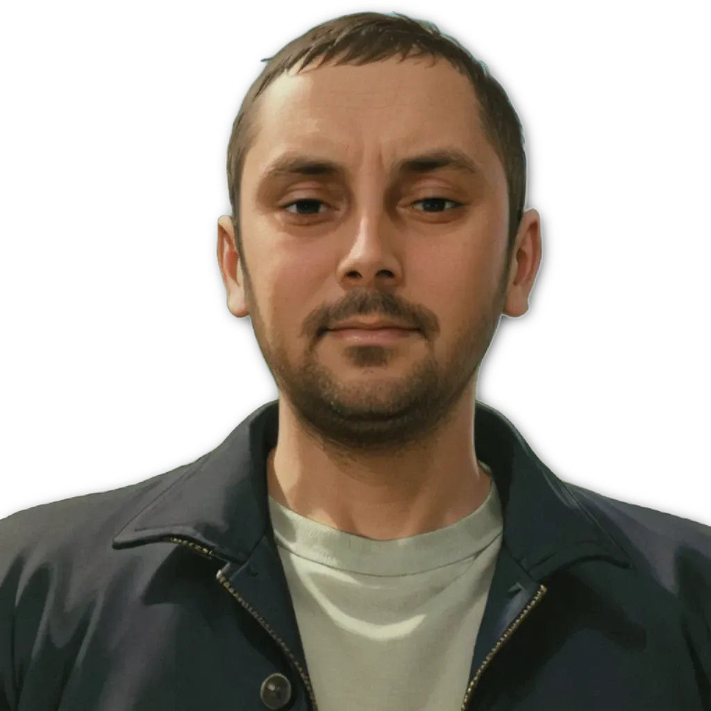 A man with a black jacket is staring at the camera.