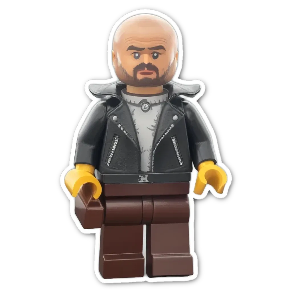 A lego figure with a black jacket and beard.