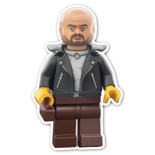 A lego figure with a black jacket and beard.