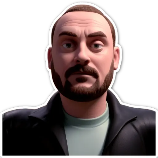 A man's face is depicted with a sticker of him looking at the camera.
