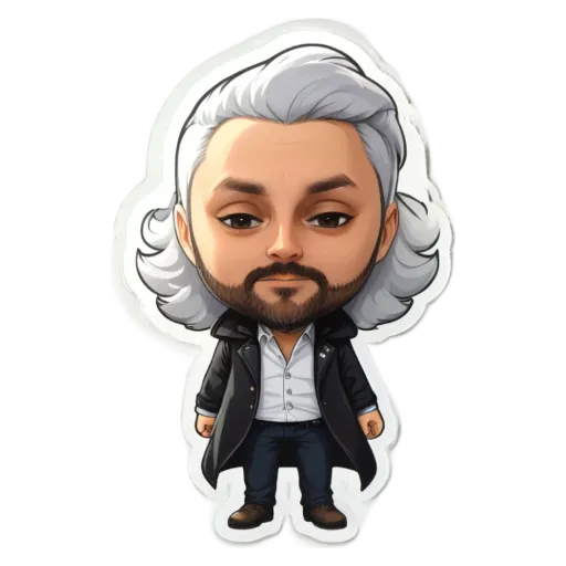 A cartoon picture of a man with white hair and a black jacket.