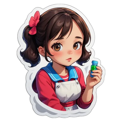 A sticker of a girl that is holding a pill bottle.