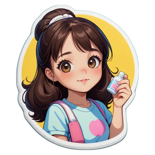 A sticker of a girl that is holding a pill.
