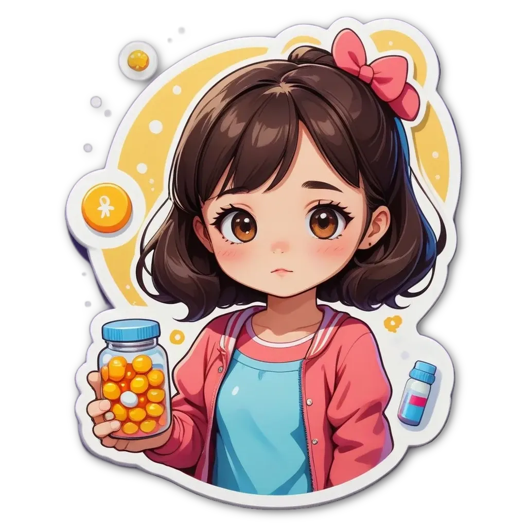 A girl in a pink jacket is holding a jar of candy.