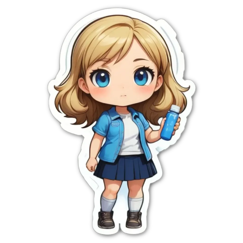 A blue and white character holding a water bottle.