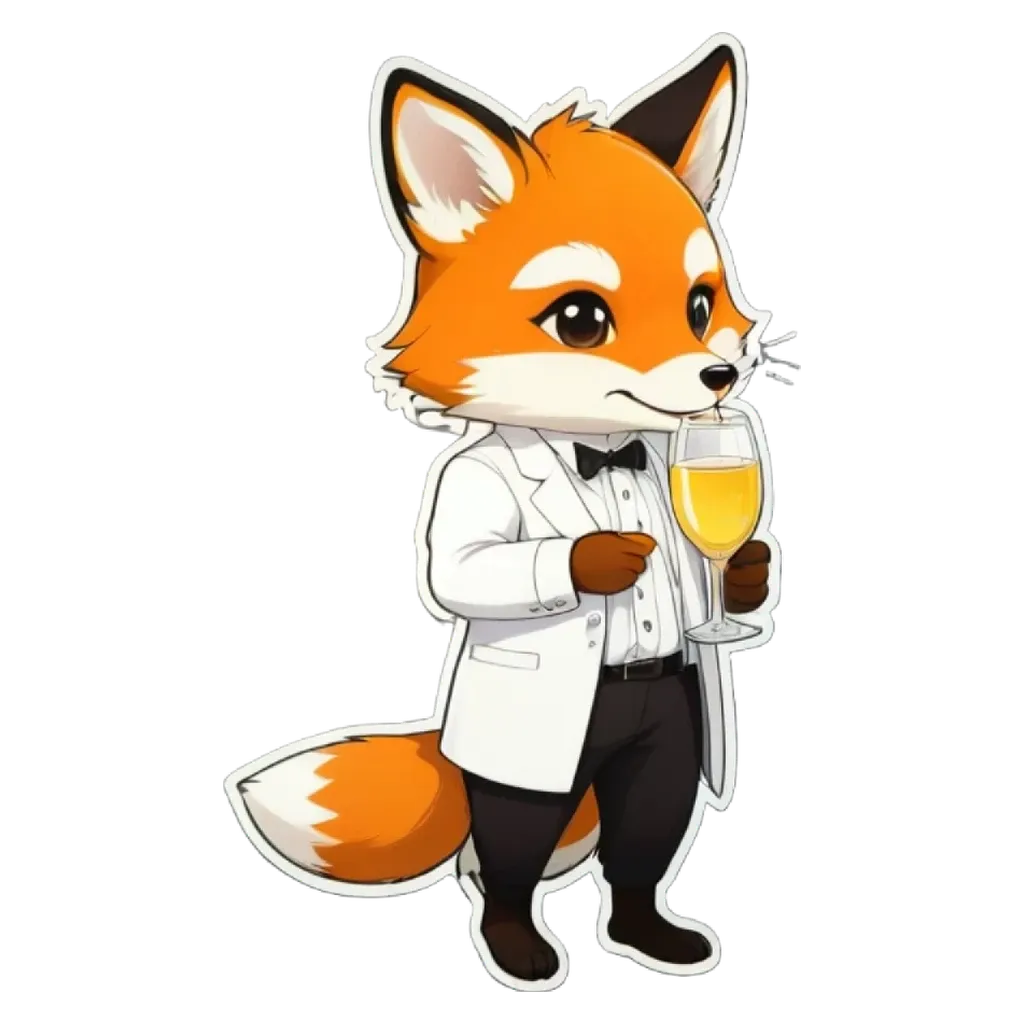 A fox wearing a tuxedo and holding a glass of wine.