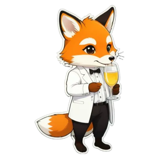 A fox wearing a tuxedo and holding a glass of wine.