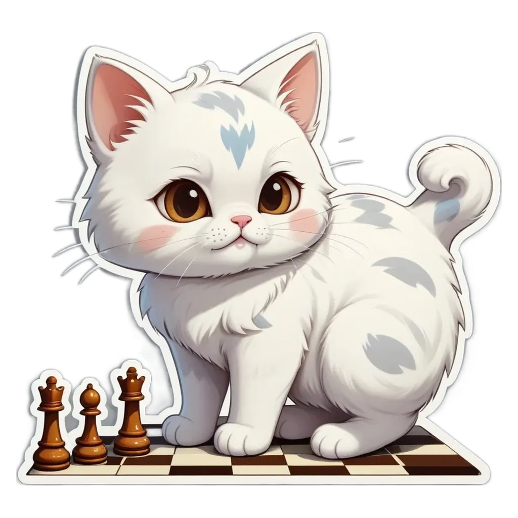 A cat with a black face and a white body, standing on a checkerboard with two pieces of cake on it.
