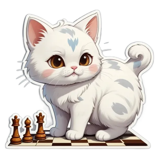 A cat with a black face and a white body, standing on a checkerboard with two pieces of cake on it.