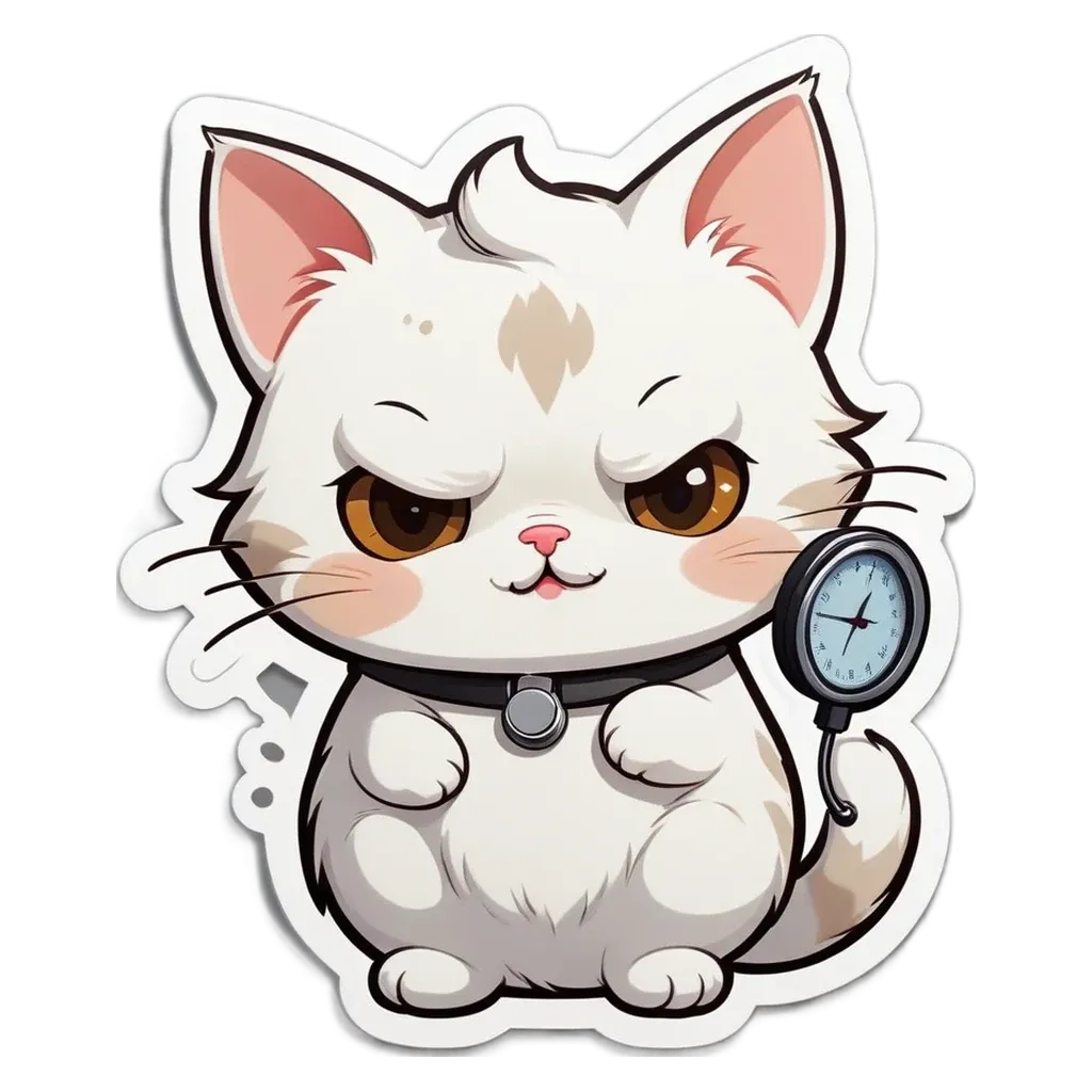 A white cat with a clock and a button on a black background.