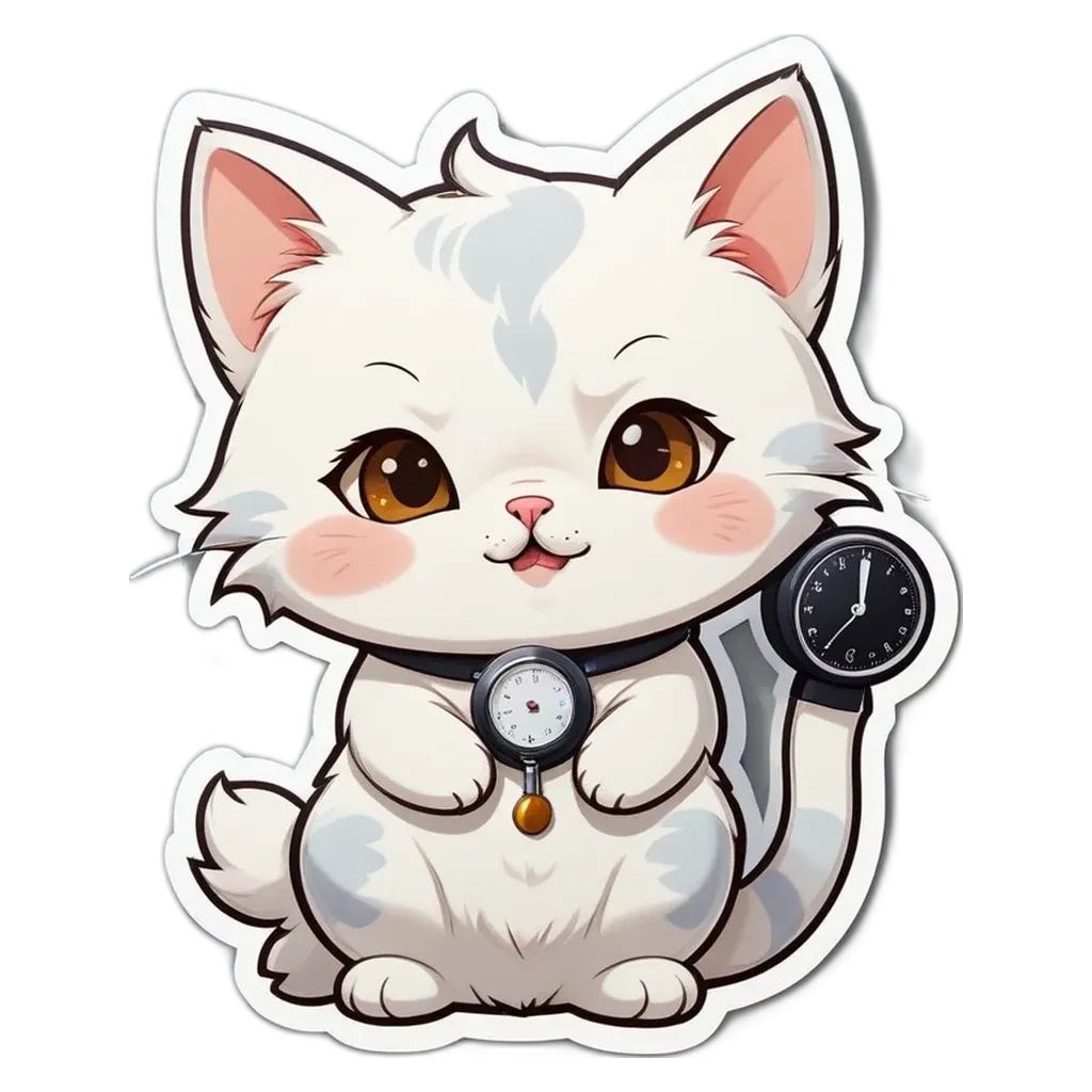 A cartoon cat with a watch around its neck is sitting next to a clock.