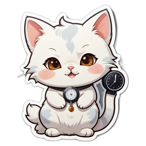 A cartoon cat with a watch around its neck is sitting next to a clock.