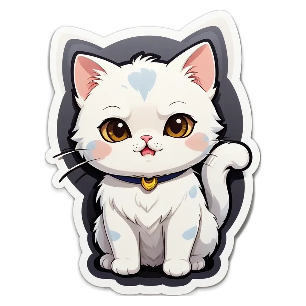 A white cat with a blue collar is sitting on the edge of a black background.