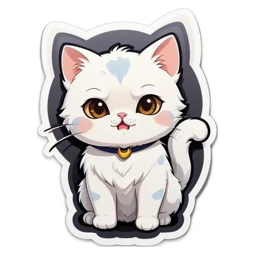A white cat with a blue collar is sitting on the edge of a black background.