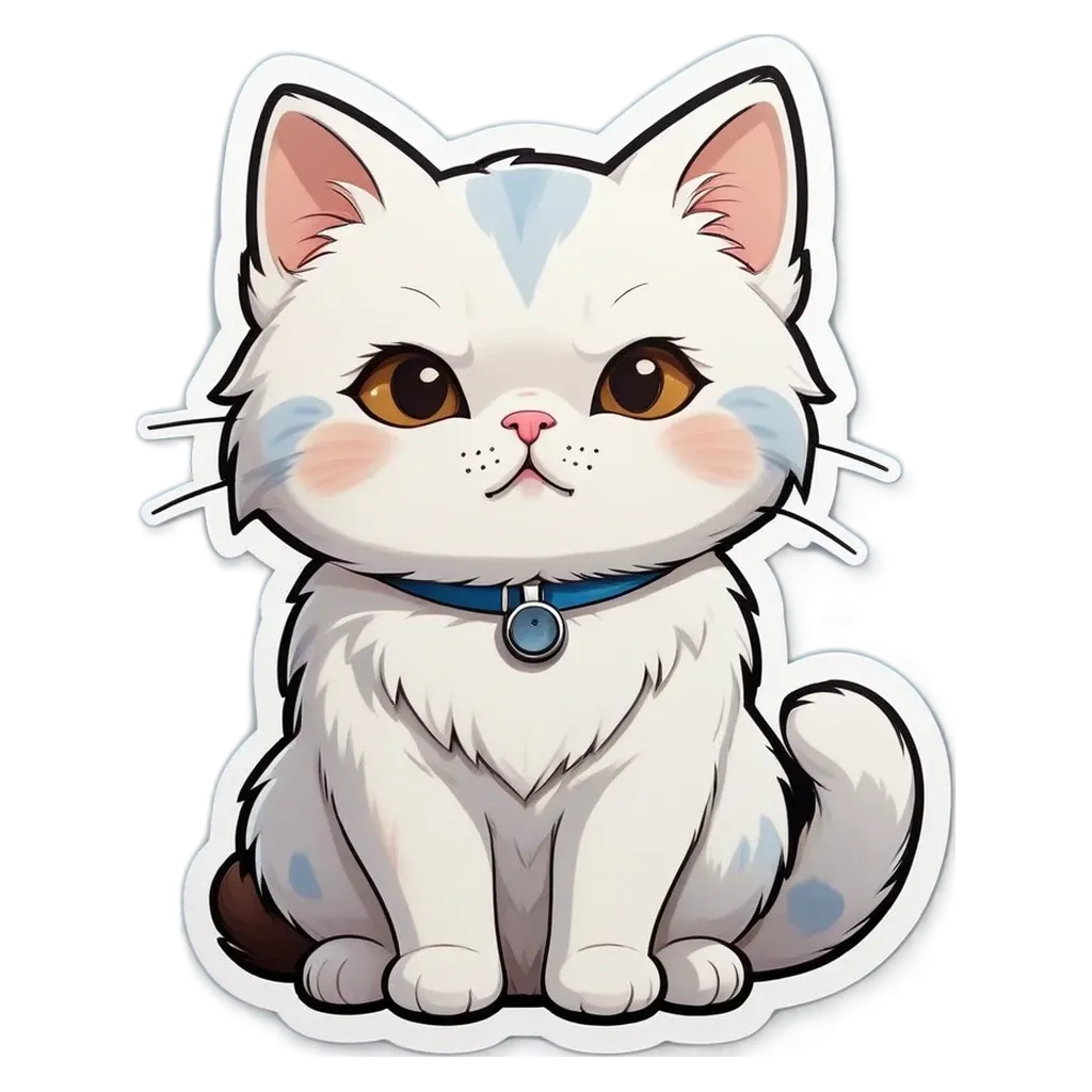 A white cat with blue collar is sitting on the left side of the image.