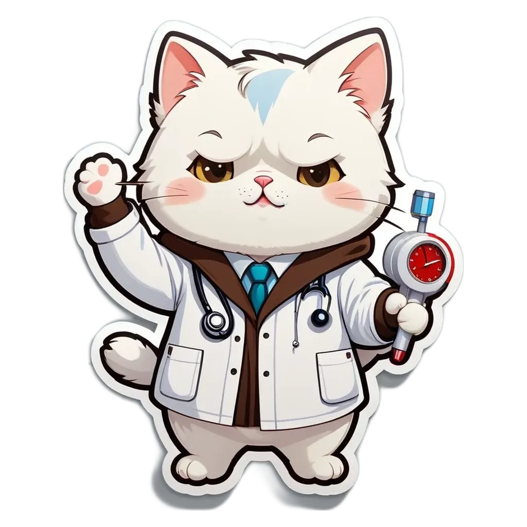 A cartoon white cat wearing a white coat and a stethoscope is holding a stopwatch.