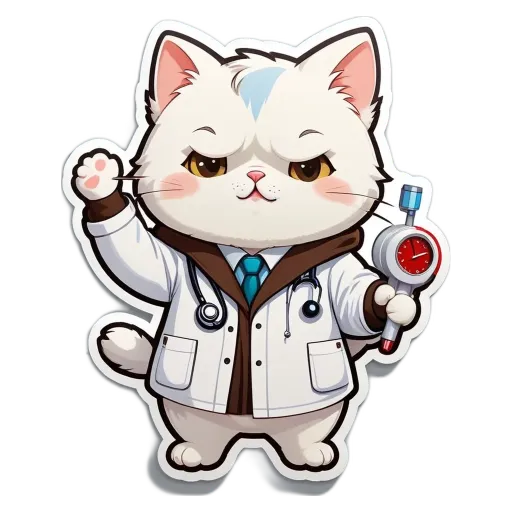 A cartoon white cat wearing a white coat and a stethoscope is holding a stopwatch.