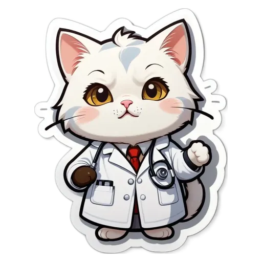 A cartoon cat wearing a white lab coat.