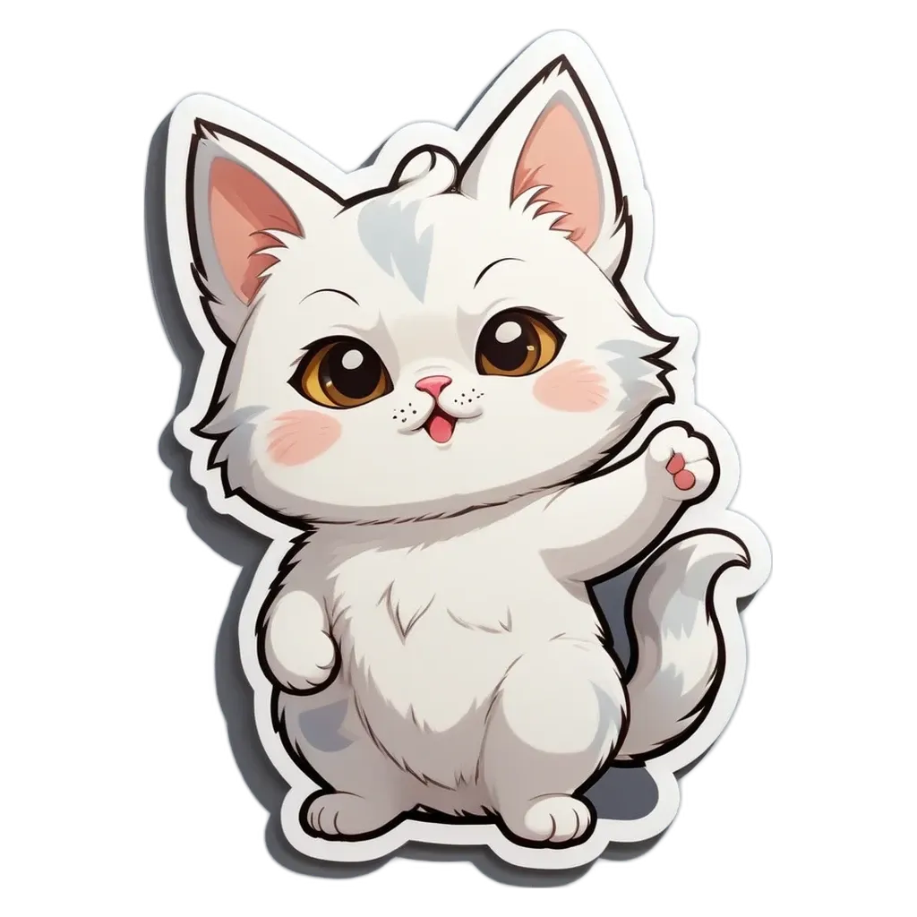 A white kitten with a pink nose and ears holding up a paw.