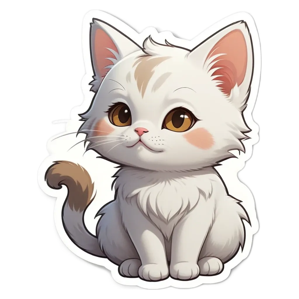 A cartoon white cat with a pink nose is sitting on a black and white background.