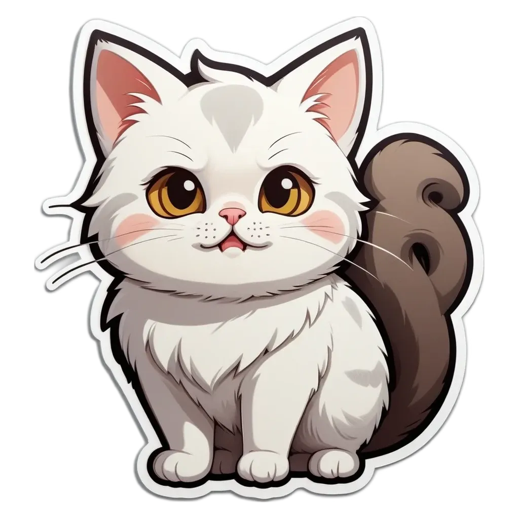 A white cat with a black nose and brown tail.