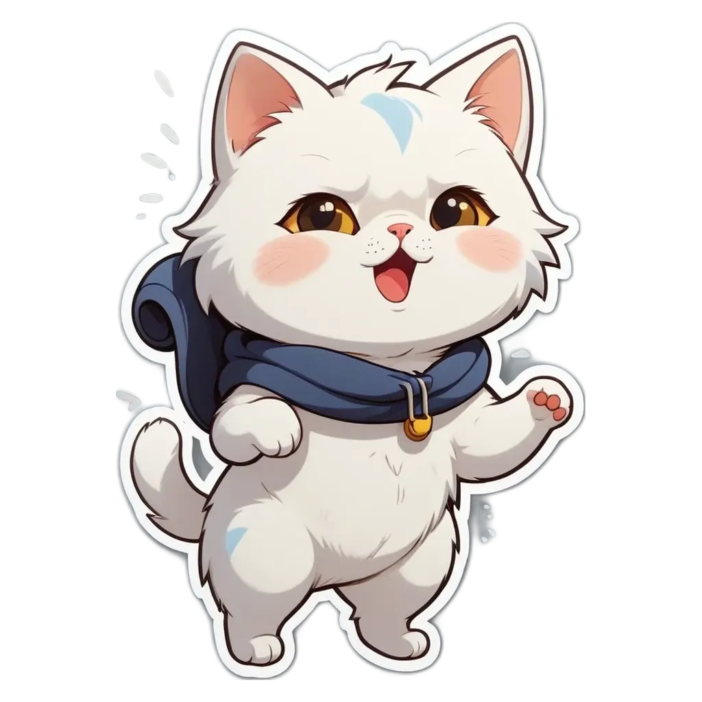 A cartoon white cat with blue scarf and a black mask on its face.